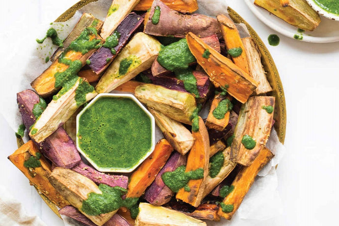 CHUNKY SWEET POTATO FRIES WITH SPINACH PESTO