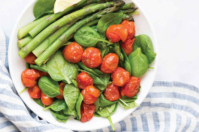 LEMON ASPARAGUS WITH ROASTED TOMATO AND SPINACH SALAD