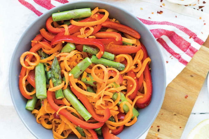 SWEET POTATO NOODLES WITH GARLIC, RED PEPPER, AND ASPARAGUS