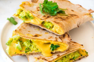 VEGAN QUESADIA WITH BROCCOLI AND CHEESE SAUCE
