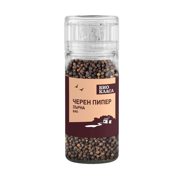 Organic black peppercorns, grinder, 50 g.